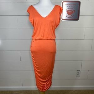 ALICE and Olivia, coral, v neck, sleeveless, side and back ruching, zipper back